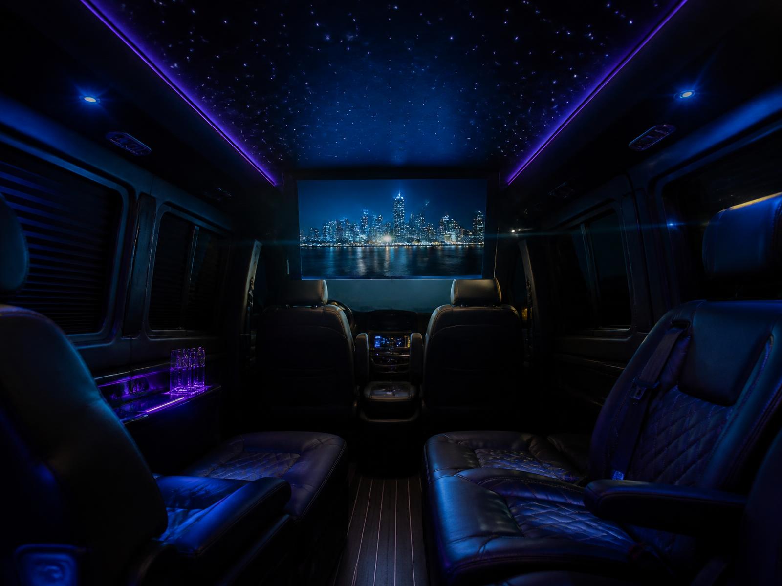 Habitacle de van avec ciel étoilé et écran plafond